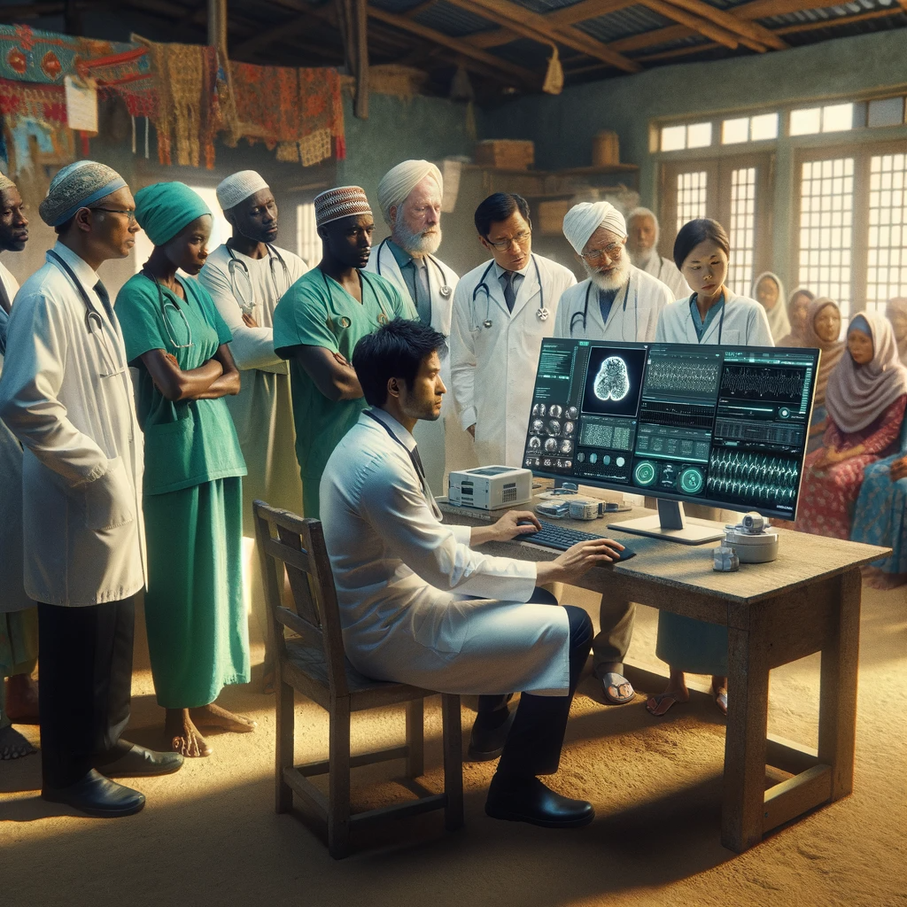 DALL·E 2024 01 29 00.54.36 A scene showcasing doctors in a developing country using AI technology for healthcare. The image features a rural clinic with basic infrastructure wh