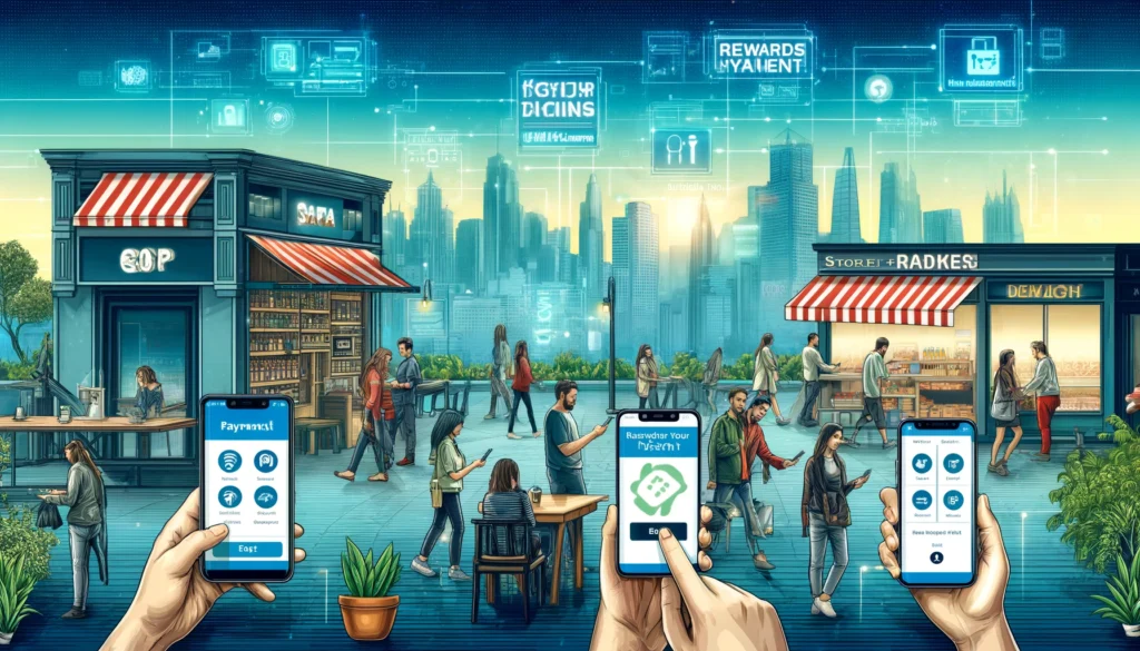 DALL·E 2024 05 27 17.58.58 A detailed landscape illustration depicting customers making payments via a rewards app. The scene includes people using smartphones to make purchases