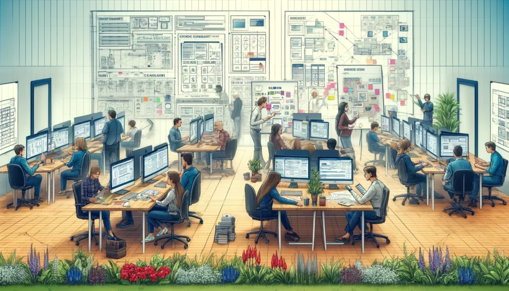 DALL·E 2024 05 27 18.14.27 A detailed landscape illustration depicting developers working on UX UI design. The scene includes a modern office space with several developers worki