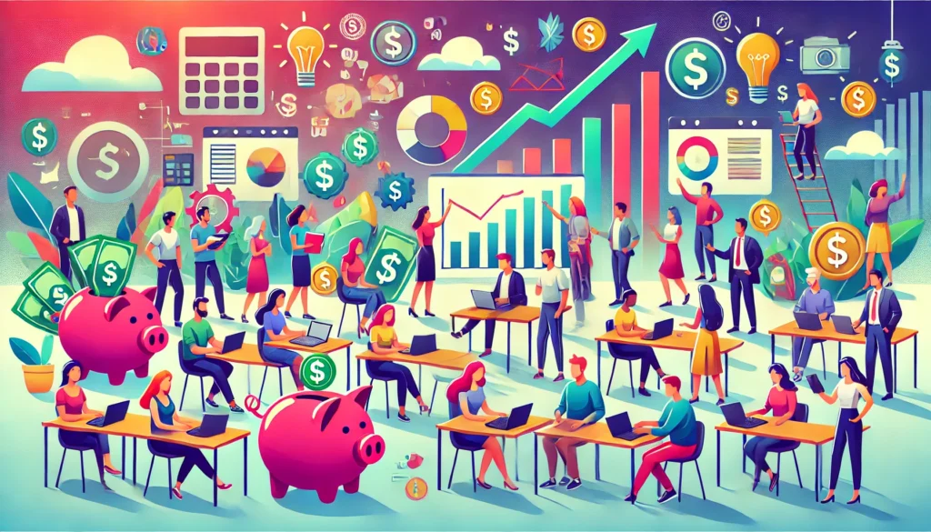 DALL·E 2024 06 27 22.48.20 A vibrant landscape illustration of financial literacy. The scene depicts a diverse group of people of different ages and ethnicities in a modern clas