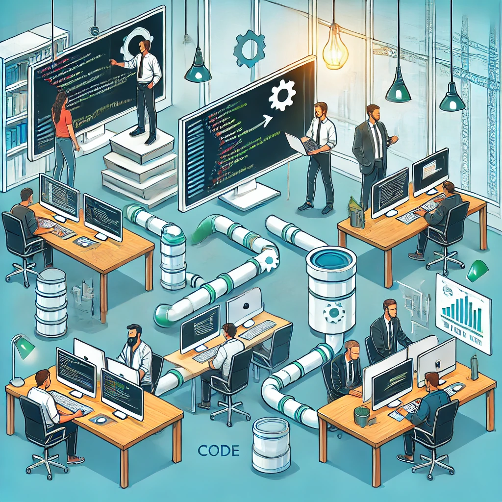 DALL·E 2024 07 02 09.52.37 An illustration of a CI CD pipeline in action within a software development team. Depict stages such as code commit automated builds integration tes