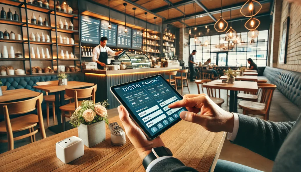 DALL·E 2024 07 16 02.55.52 A restaurant owner using digital banking in a modern restaurant setting. The owner is seated at a table with a tablet in hand accessing their digital