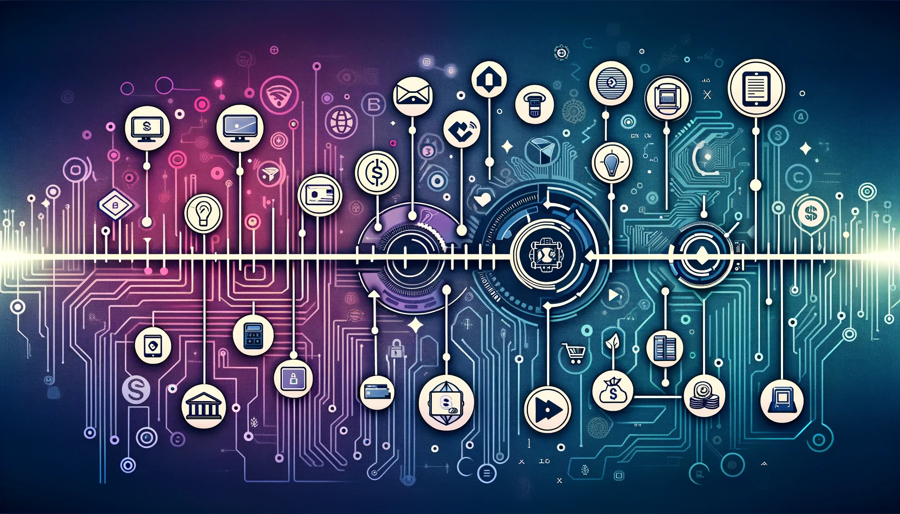 DALL·E 2024 07 23 06.58.05 A general illustration depicting the evolution of embedded finance in a timeline format. The timeline should feature icons representing different fina