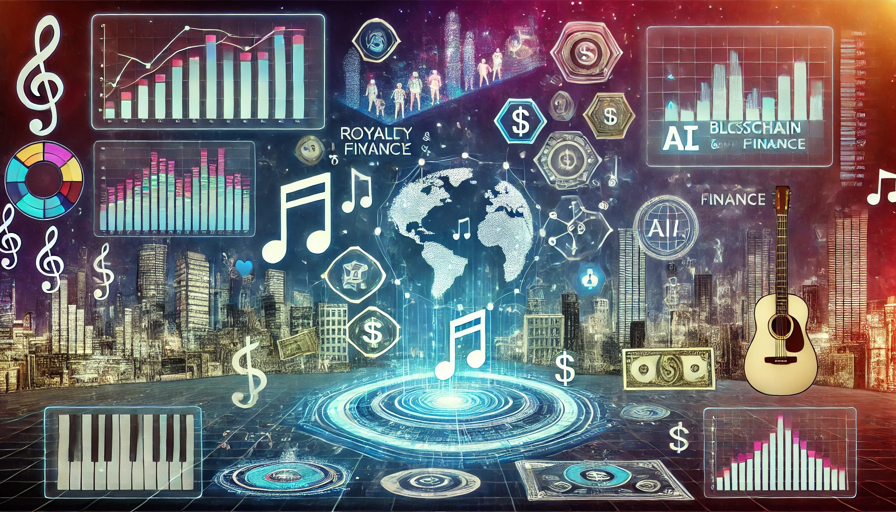 DALL·E 2024 07 25 00.10.08 A futuristic scene depicting the convergence of music and finance. Visualize a digital landscape with holographic charts and graphs showing financial