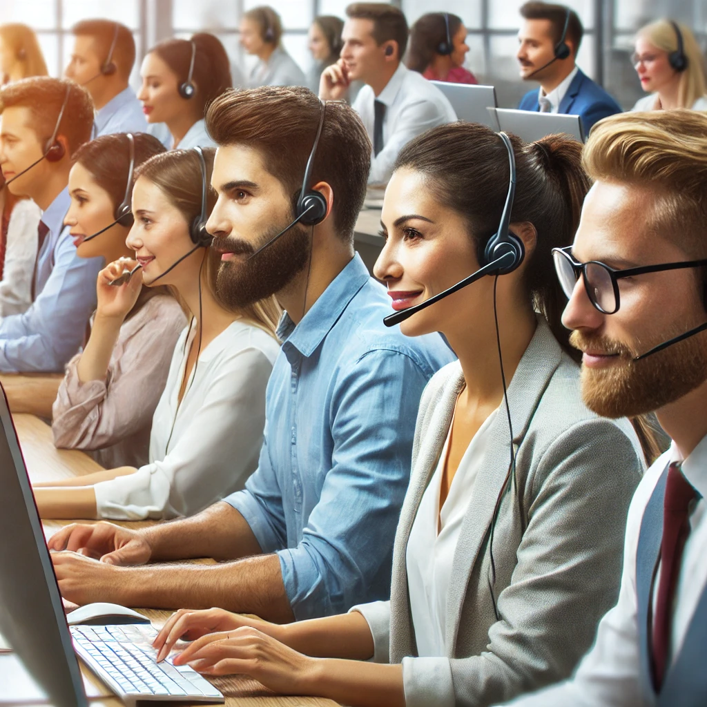 DALL·E 2024 08 13 15.02.06 A professional customer support team in an office setting featuring diverse real people actively engaged in helping customers. The image shows a