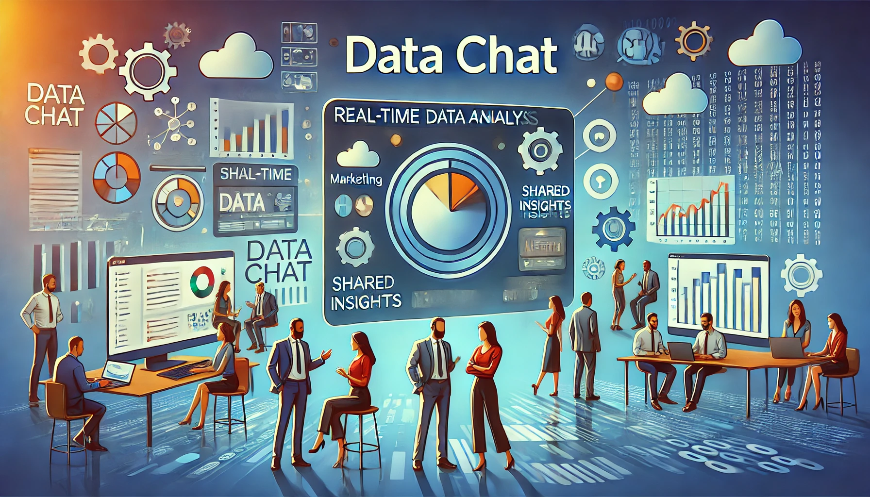 DALL·E 2024 08 23 14.38.04 A visual representation of Data Chat in a collaborative business environment. The image should depict teams from different departments such as mark