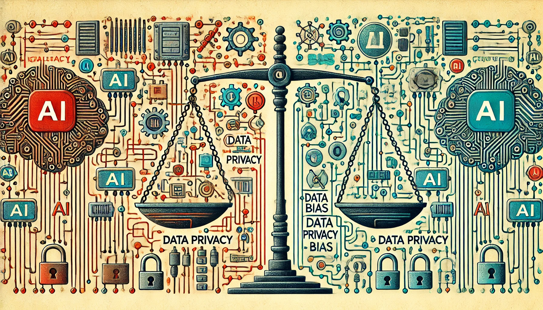 DALL·E 2024 08 28 18.18.51 Create a rectangular format image illustrating the concept of Challenges and Ethical Considerations in AI Integration in Finance. The image should d