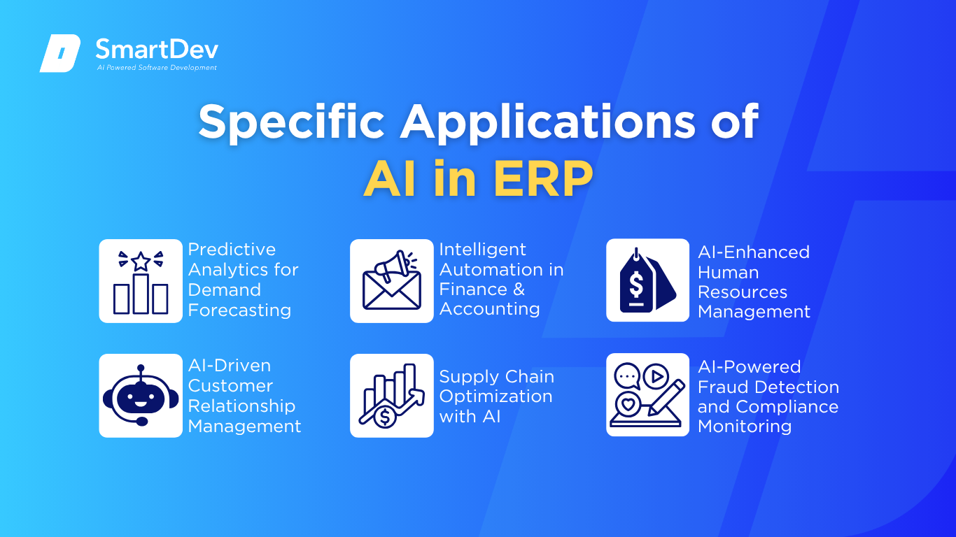 AI applications in ERP: predictive analytics, automation, HR, CRM, supply chain, and fraud detection