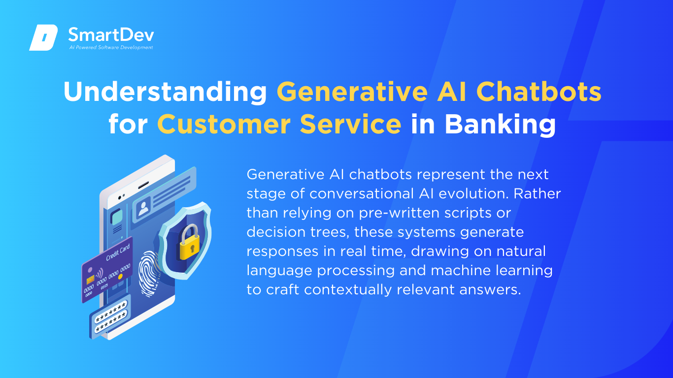 Illustration of generative AI chatbots in banking with a smartphone and security icons.