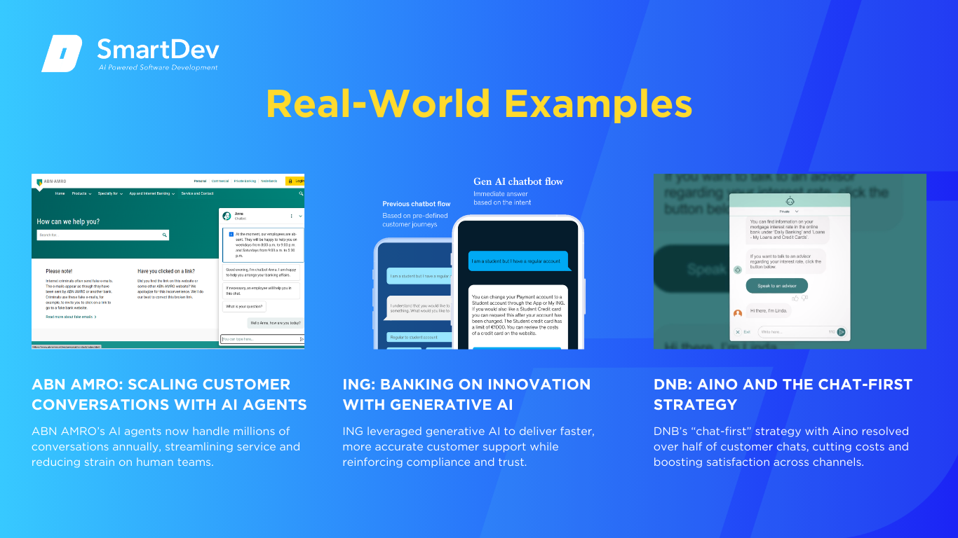 Banking chatbot case studies from ABN AMRO, ING, and DNB using generative AI.